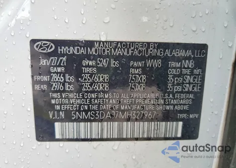 2021 Hyundai Santa Fe Sel z USA, uszkodzony, nr VIN 5NMS3DAJ7MH327967